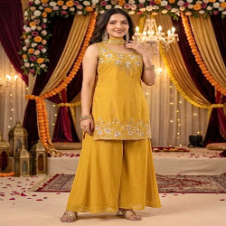 Festive Embroidered Kurti Palazzo Set with Dupatta